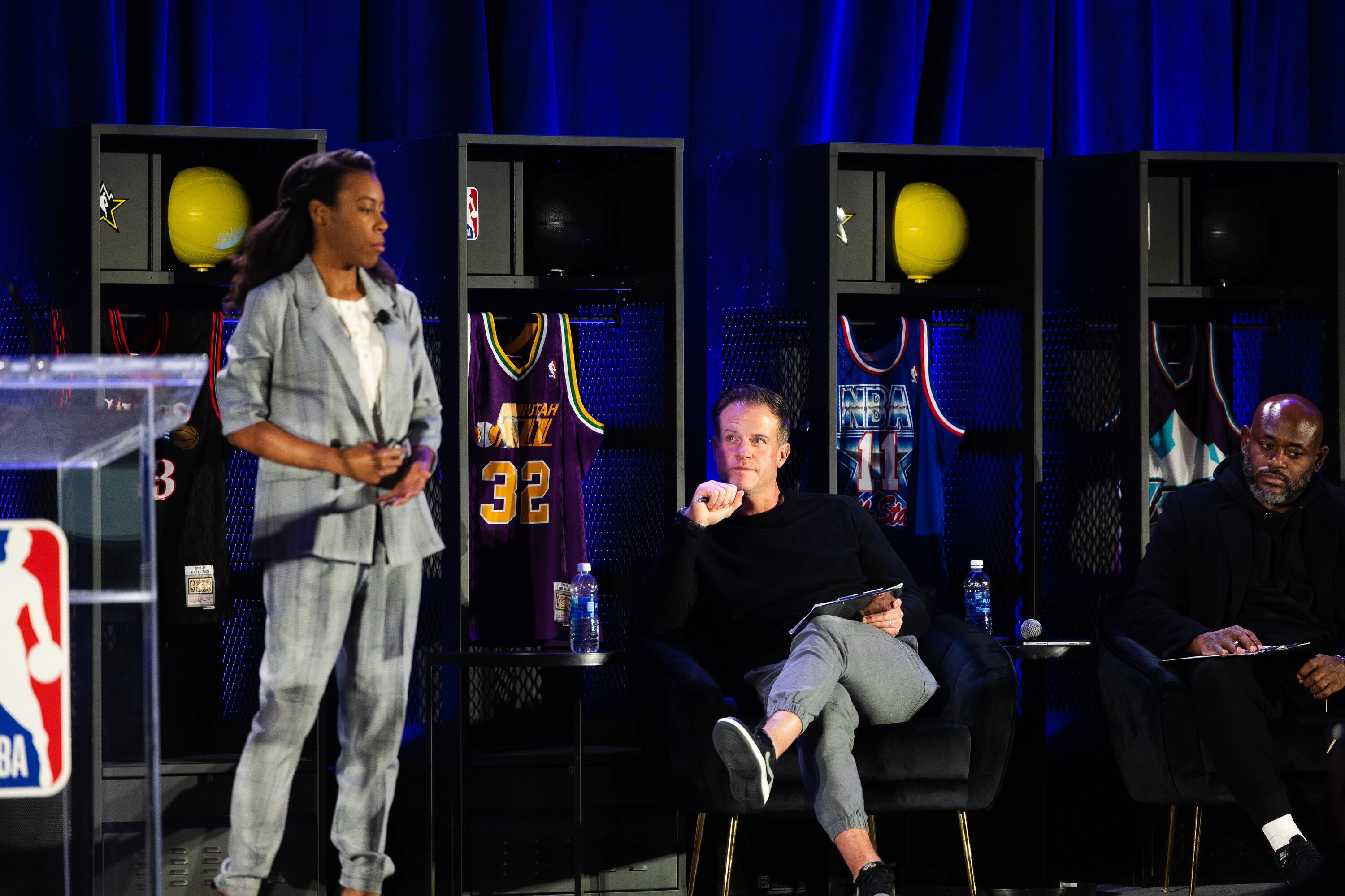 Utah Jazz investor Ryan Sweeney and UnitedMasters and Translation founder and CEO Steve Stoute watch as SecondKeys CEO Amber Hayes presents during the NBA Foundation Pitch Competition at the Salt Palace Convention Center in Salt Lake City on Feb. 16, 2023.