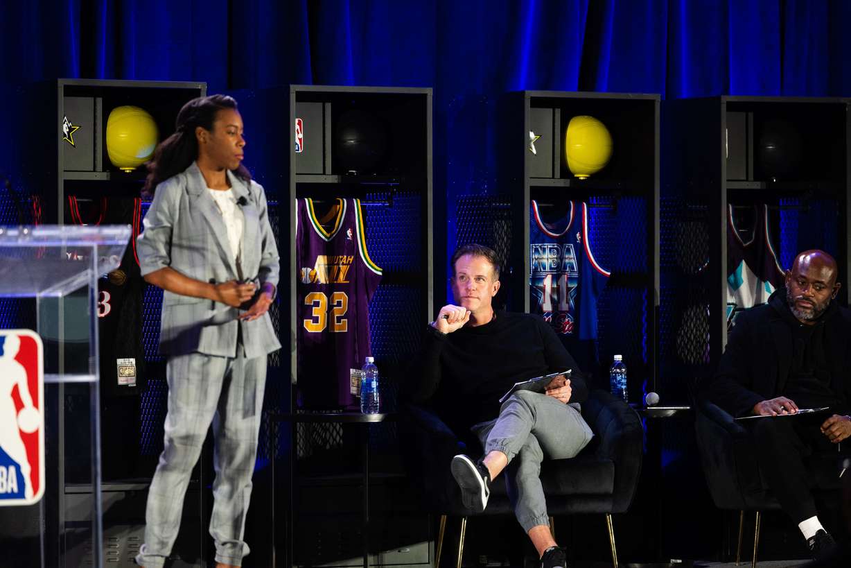 Utah Jazz investor Ryan Sweeney and UnitedMasters and Translation founder and CEO Steve Stoute watch as SecondKeys CEO Amber Hayes presents during the NBA Foundation Pitch Competition at the Salt Palace Convention Center in Salt Lake City on Feb. 16, 2023.