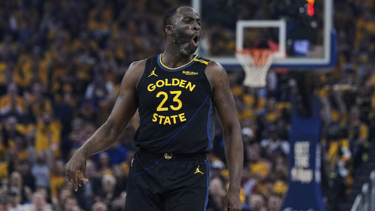 Golden State Warriors forward Draymond Green reacts after making a 3-point basket during the first half of Game 6 of an NBA basketball first-round playoff series against the Houston Rockets, Friday, May 2, 2025, in San Francisco.