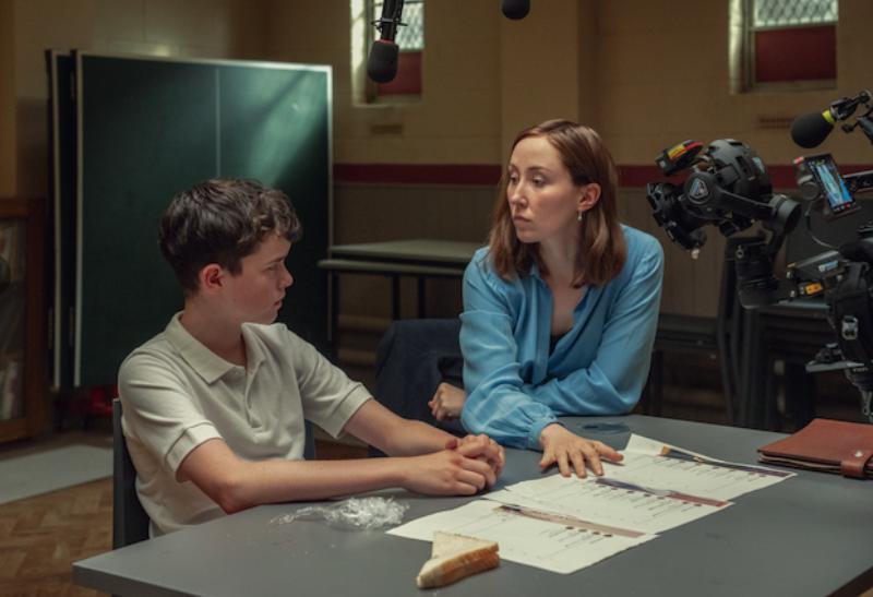 Owen Cooper, left, as Jamie Miller, Erin Doherty as Briony Ariston, on the set of "Adolescence."