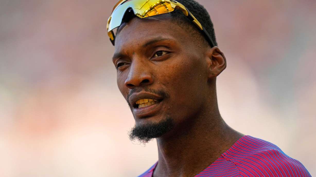 FILE - Fred Kerley, of the United States reacts after finishing a men's 100-meters semifinal during the World Athletics Championships in Budapest, Hungary, Sunday, Aug. 20, 2023.