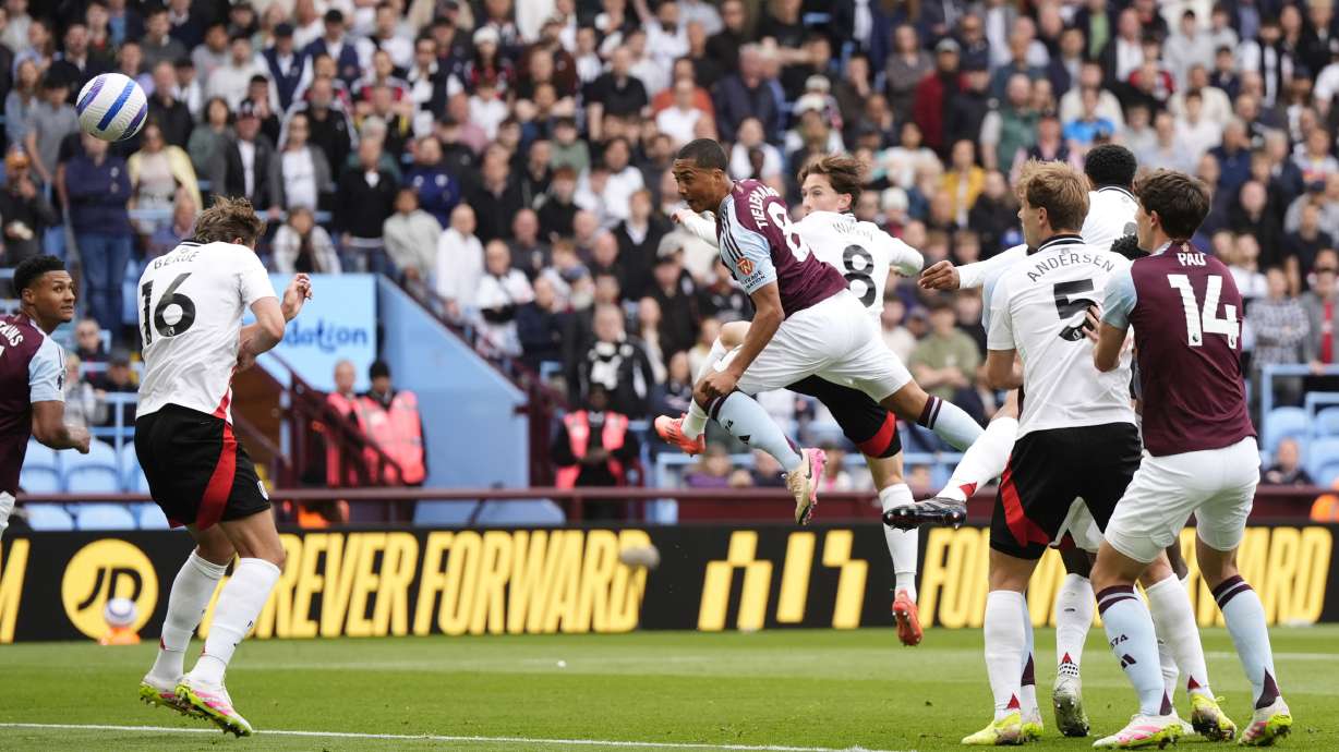 Aston Villa's Youri Tielemans scores the opening goal during the English Premier League soccer match between Aston Villa and Fulham at Villa Park, Birmingham, England, Saturday, May 3, 2025.