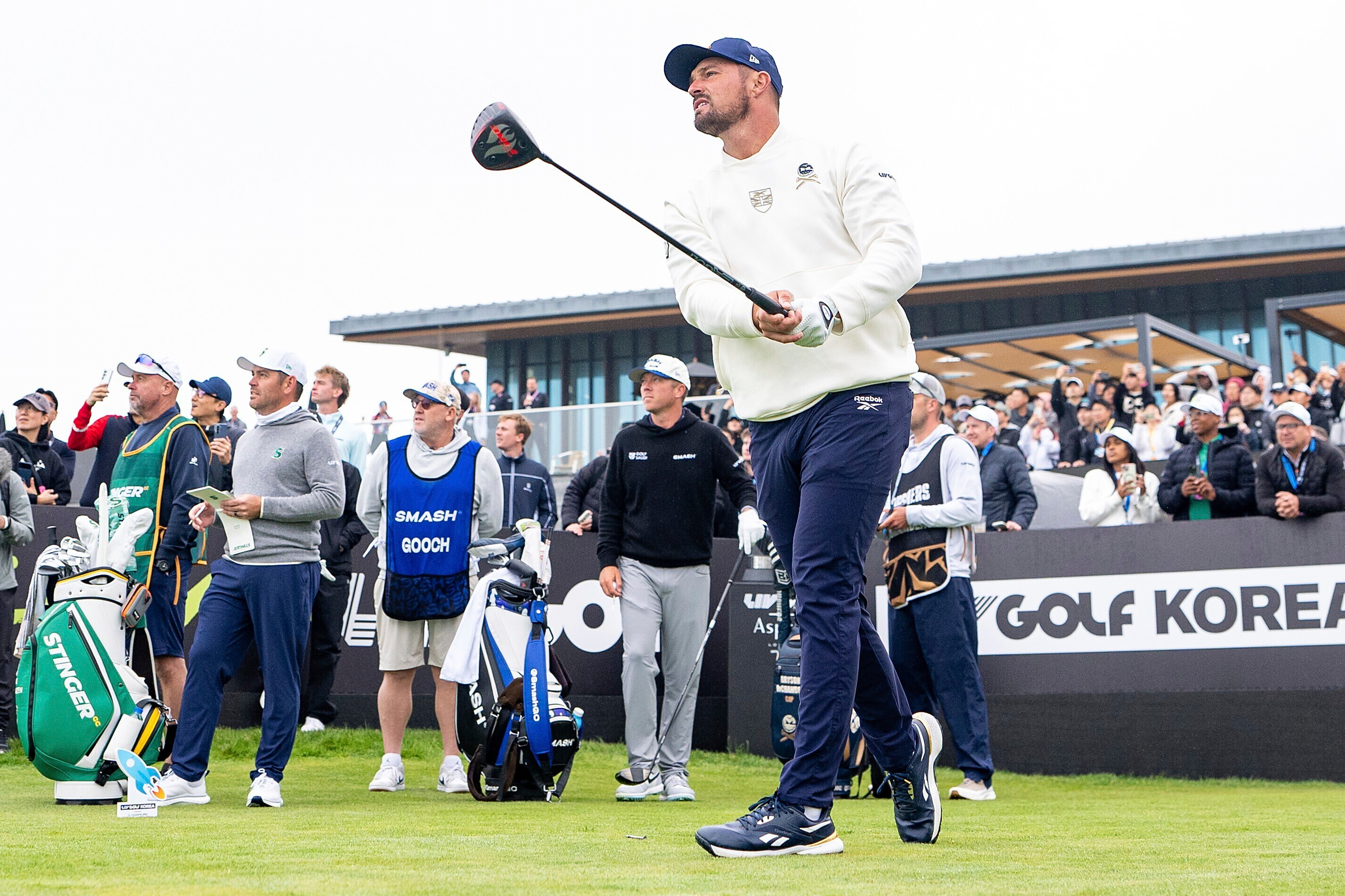 Captain Bryson DeChambeau of Crushers GC hits his shot from the first tee during the second round of LIV Golf Korea at Jack Nicklaus Golf Club on Saturday, May 3, 2025 in Incheon, South Korea.
