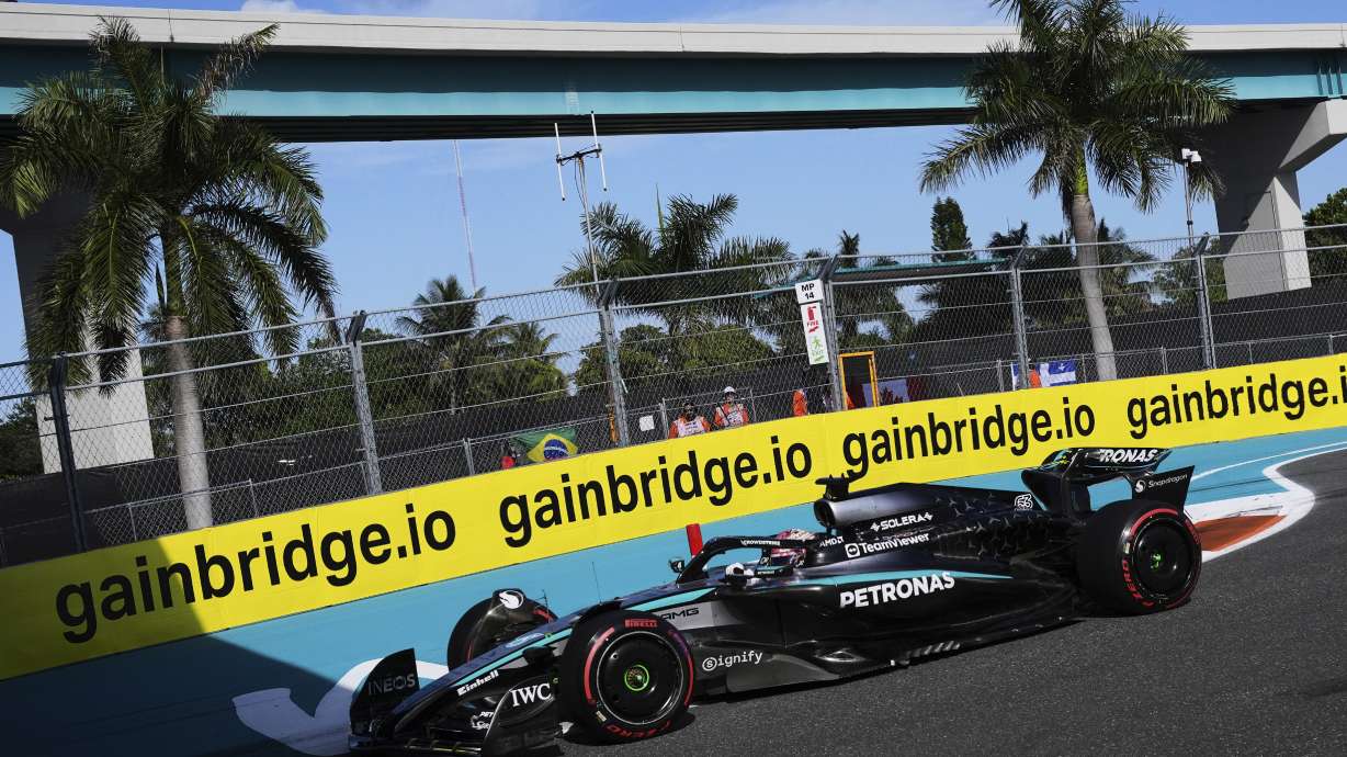 Mercedes driver George Russell of Britain steers his car during the Sprint race qualifying session at the Formula One Miami Grand Prix auto race, Friday, May 2, 2025, in Miami Gardens, Fla.