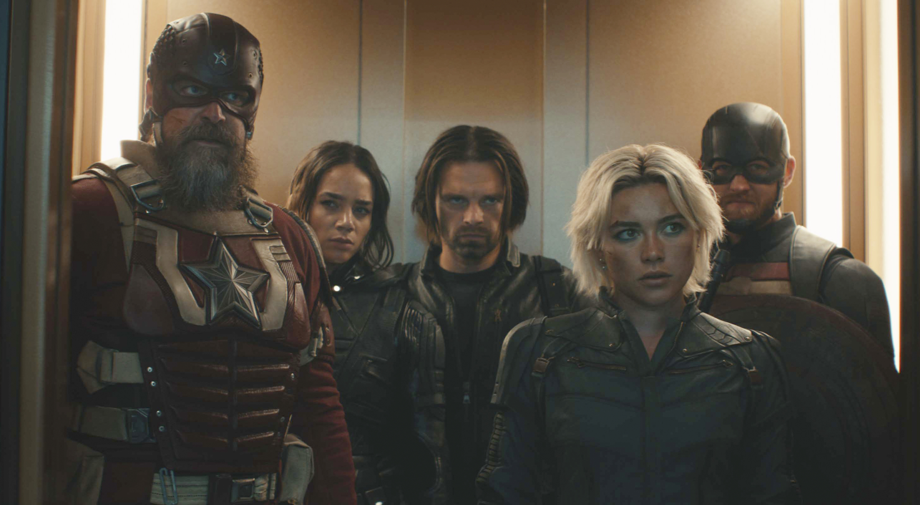 This image shows, from left, David Harbour, Hannah John-Kamen, Sebastian Stan, Florence Pugh and Wyatt Russell in a scene from "Thunderbolts."