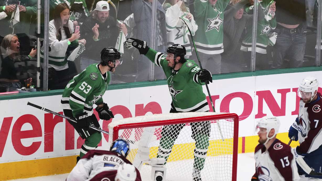 Dallas Stars' Wyatt Johnston (53) and Matt Duchene (95) celebrate after Johnston scored against the Colorado Avalanche in the third period in Game 7 of a first-round NHL hockey playoff series Saturday, May 3, 2025, in Dallas.