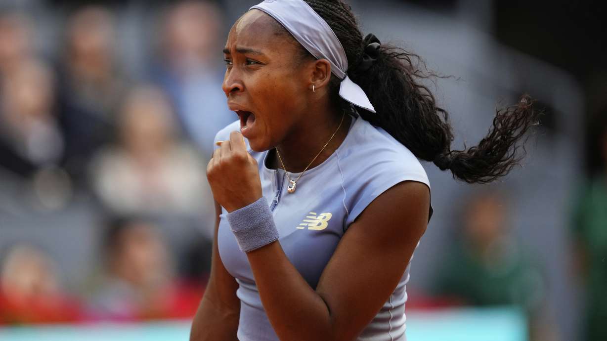 United States' Coco Gauff reacts during the Madrid Open tennis final against Aryna Sabalenka of Belarus in Madrid, Spain, Saturday, May 3, 2025.
