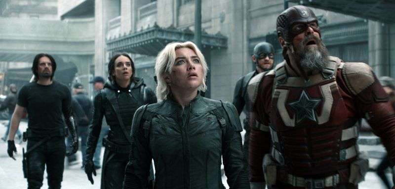 This image shows, from left, Sebastian Stan, Hannah John-Kamen, Florence Pugh, Wyatt Russell and David Harbour in a scene from "Thunderbolts."