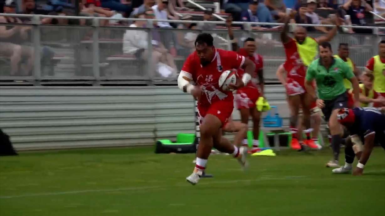 Utah Warriors prop Fred Apulu runs for a try against Old Glory DC, Sunday, May 4, 2025 in Boyd, Maryland. The Warriors lost, 28-12, snapping their four-match winning streak.