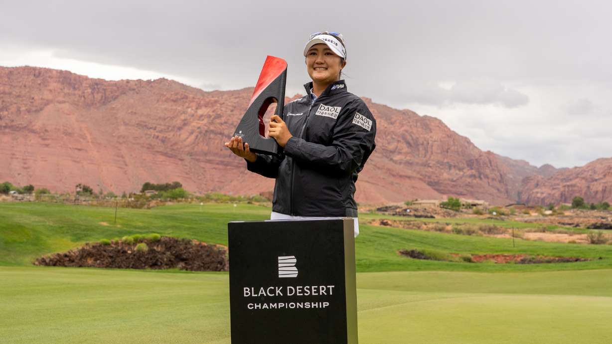 Haeran Ryu poses with the trophy after winning the inaugural Black Desert Championship in the LPGA Tour's first event in Utah in 61 years, Sunday, May 4, 2025 in Ivins, Utah.