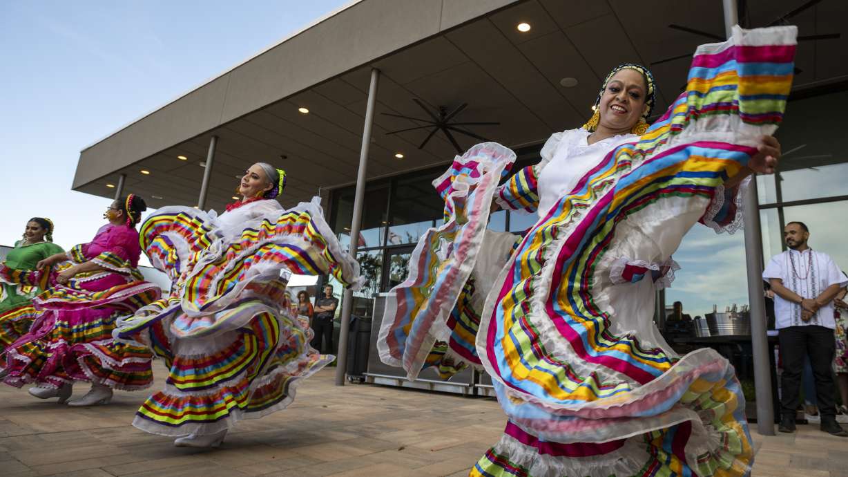 Folklorico dancers from the group Viva Mexico perform their routine during a Cinco de Mayo celebration and mixer hosted by the Odessa Hispanic Chamber of Commerce at the Odessa Marriott Hotel and Convention Center, May 5, 2021, in Odessa, Texas.