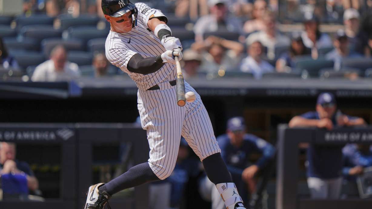 New York Yankees' Aaron Judge hits a single during the sixth inning of a baseball game against the Tampa Bay Rays, Saturday, May 3, 2025, in New York.