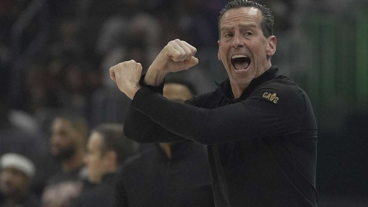 Cleveland Cavaliers head coach Kenny Atkinson shouts in the first half in Game 1 of an NBA first-round playoff series against the Miami Heat, Sunday, April 20, 2025, in Cleveland.