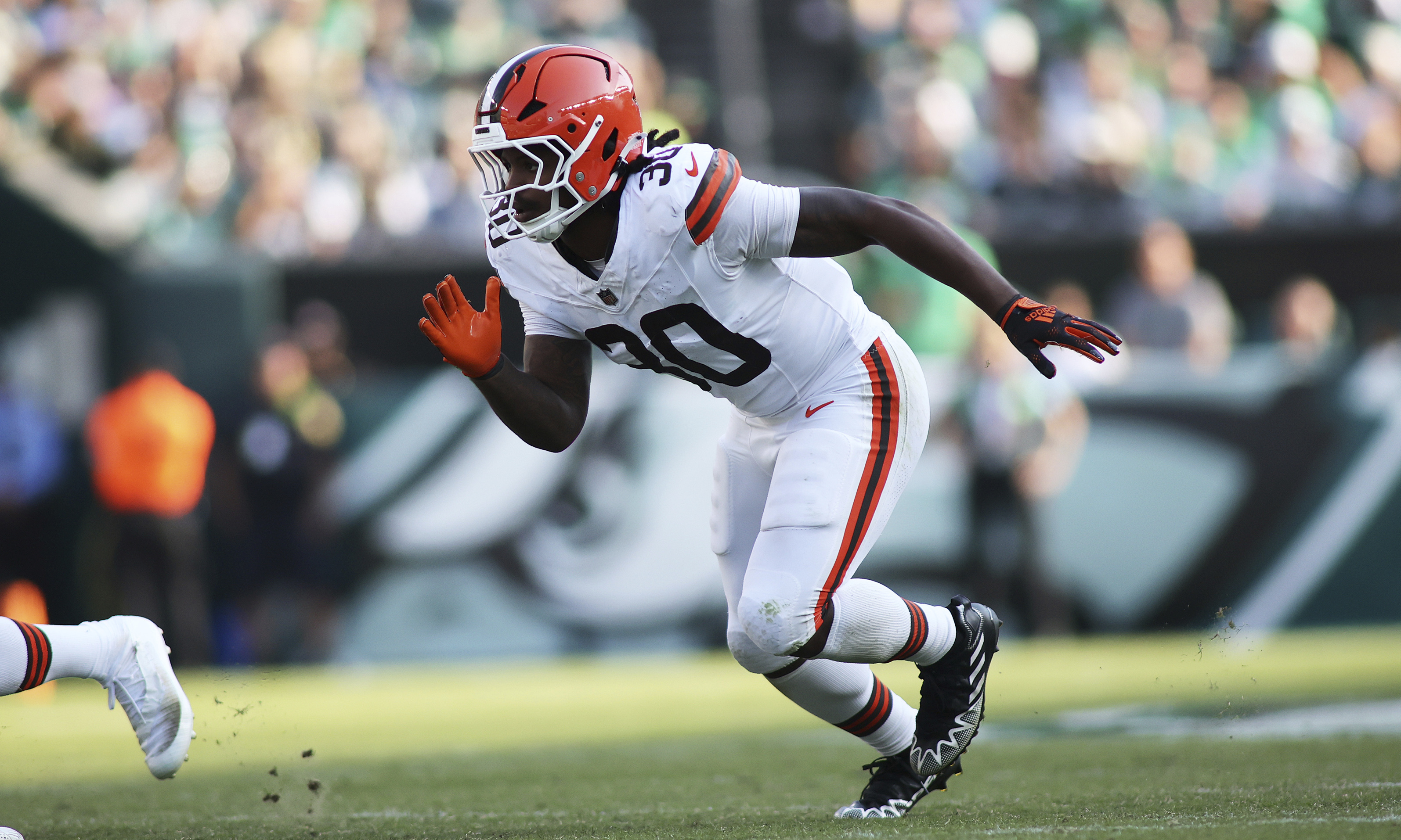 FILE - Cleveland Browns linebacker Devin Bush Jr. rushes during an NFL football game against the Philadelphia Eagles, Oct. 13, 2024 in Philadelphia. 