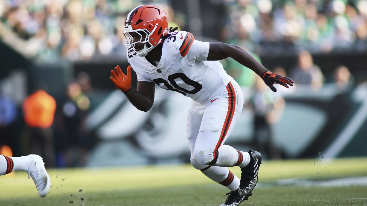 FILE - Cleveland Browns linebacker Devin Bush Jr. rushes during an NFL football game against the Philadelphia Eagles, Oct. 13, 2024 in Philadelphia.