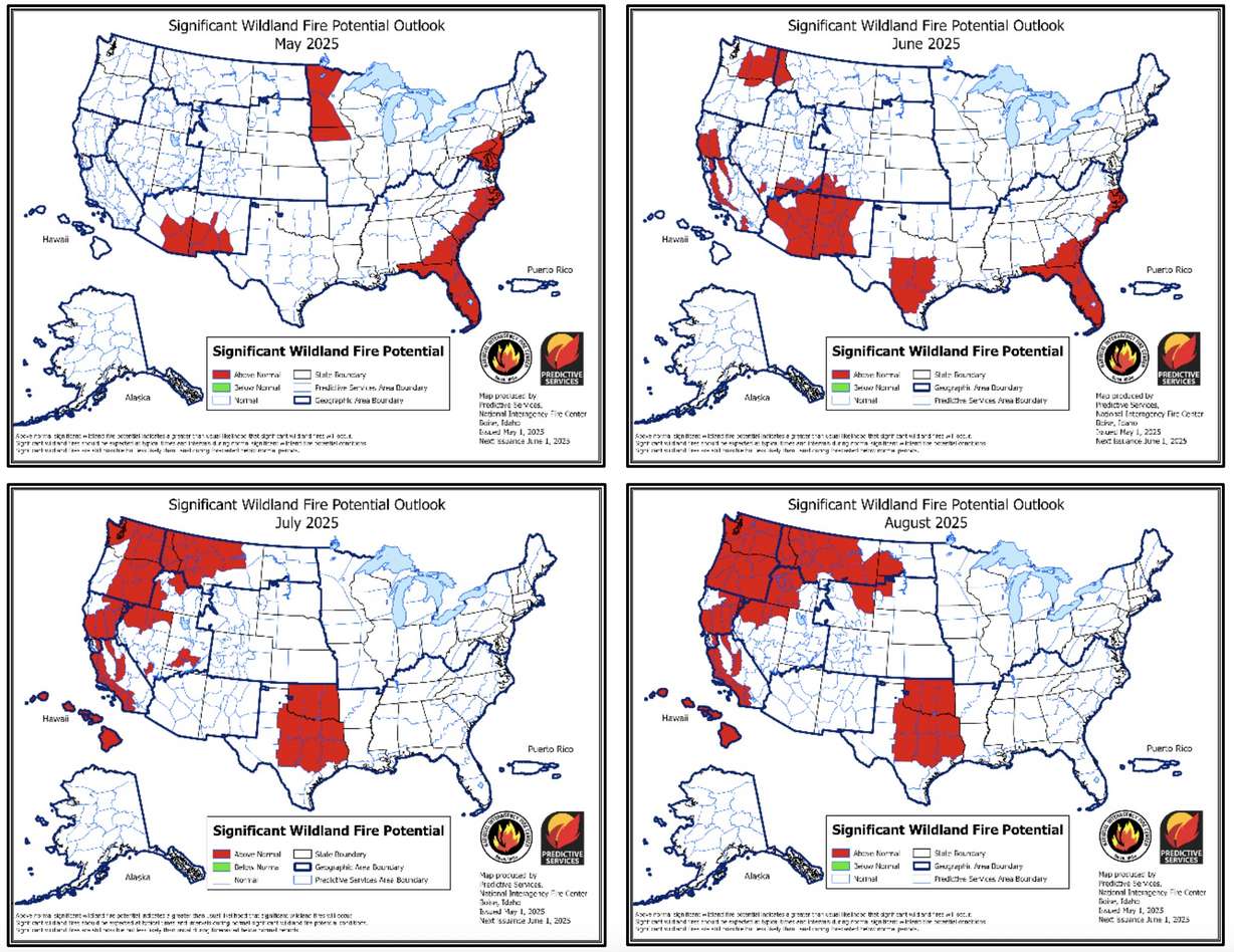 These maps, updated last week, show projected wildland fire potential over the next four months. Potential could increase to above-normal in parts of southern Utah in June and July before returning to normal in August.