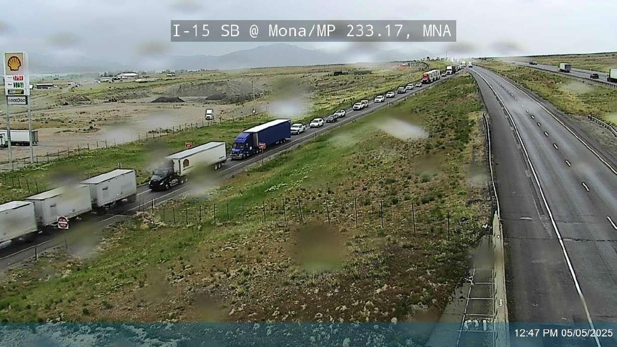 Traffic on an I-15 offramp near Mona after a diesel leak closed southbound traffic near Nephi on Monday.