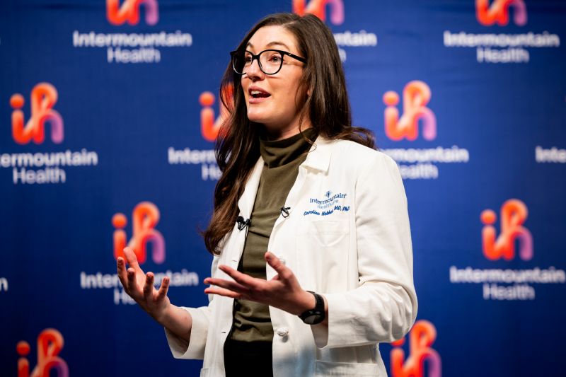 Dr. Caroline Nebhan, Intermountain Health medical oncologist, speaks with reporters about Intermountain Health’s new cancer treatment program for patients with advanced melanoma skin cancer at the Intermountain Transformation Center in Murray on Monday. - Tess Crowley, Deseret News
