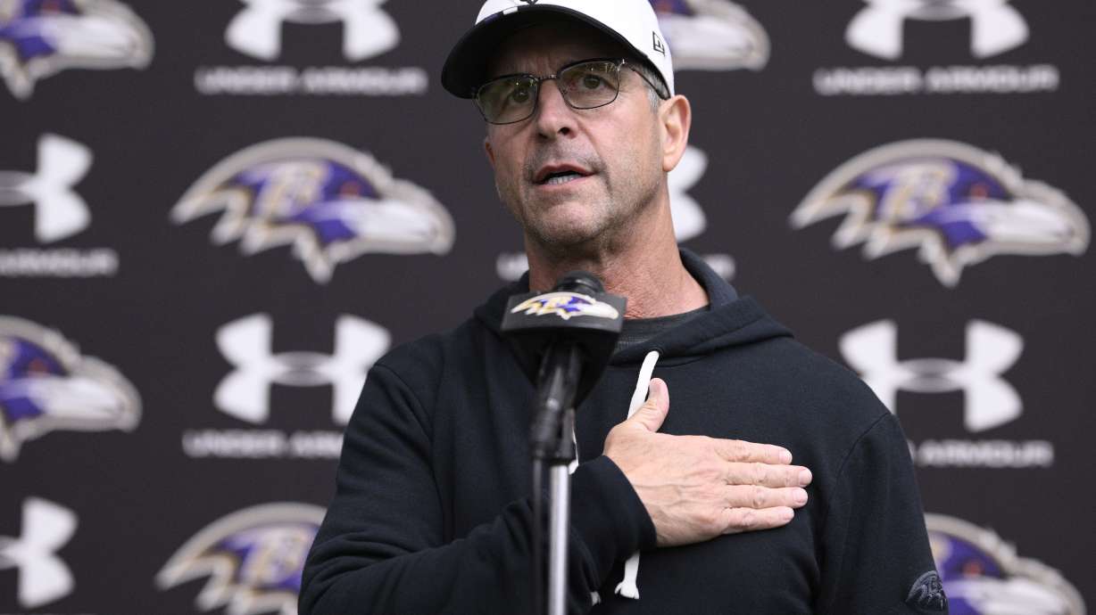 Baltimore Ravens head coach John Harbaugh talks to the media after an NFL football rookie camp, Sunday, May 4, 2025, in Owings Mills, Md.