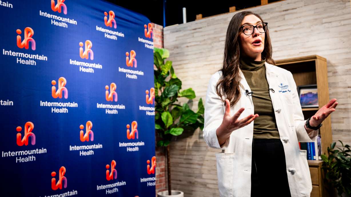 Dr. Caroline Nebhan, Intermountain Health medical oncologist, speaks about Intermountain Health’s new cancer treatment program for patients with advanced melanoma skin cancer at the Intermountain Transformation Center in Murray on Monday.