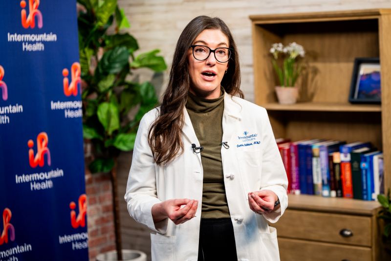 Dr. Caroline Nebhan, Intermountain Health medical oncologist, speaks with reporters about Intermountain Health’s new cancer treatment program for patients with advanced melanoma skin cancer at the Intermountain Transformation Center in Murray on Monday. - Tess Crowley, Deseret News