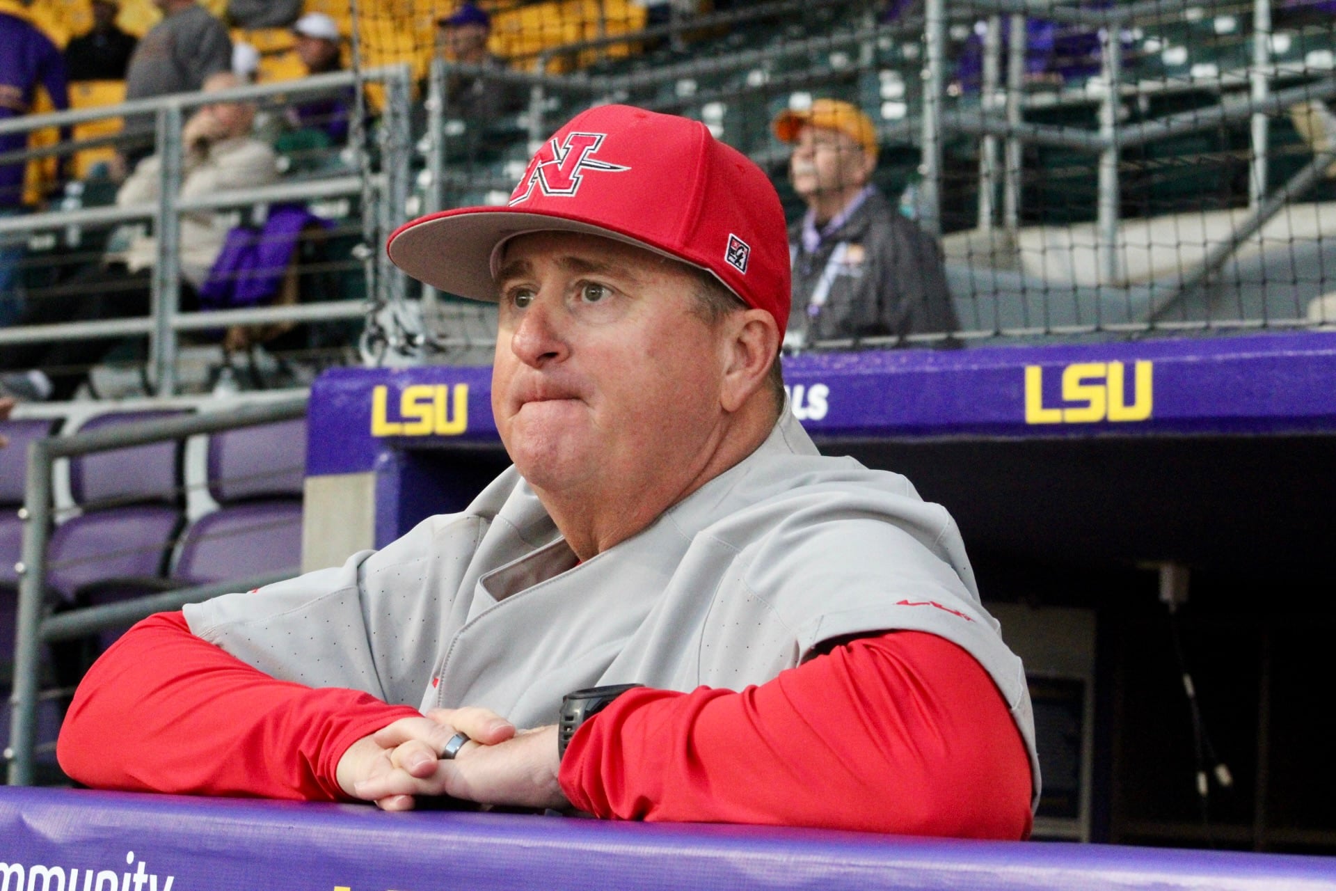 Utah native Brent Haring manages his Nicholls State squad from the dugout during an April 8 game vs. Louisiana State University.