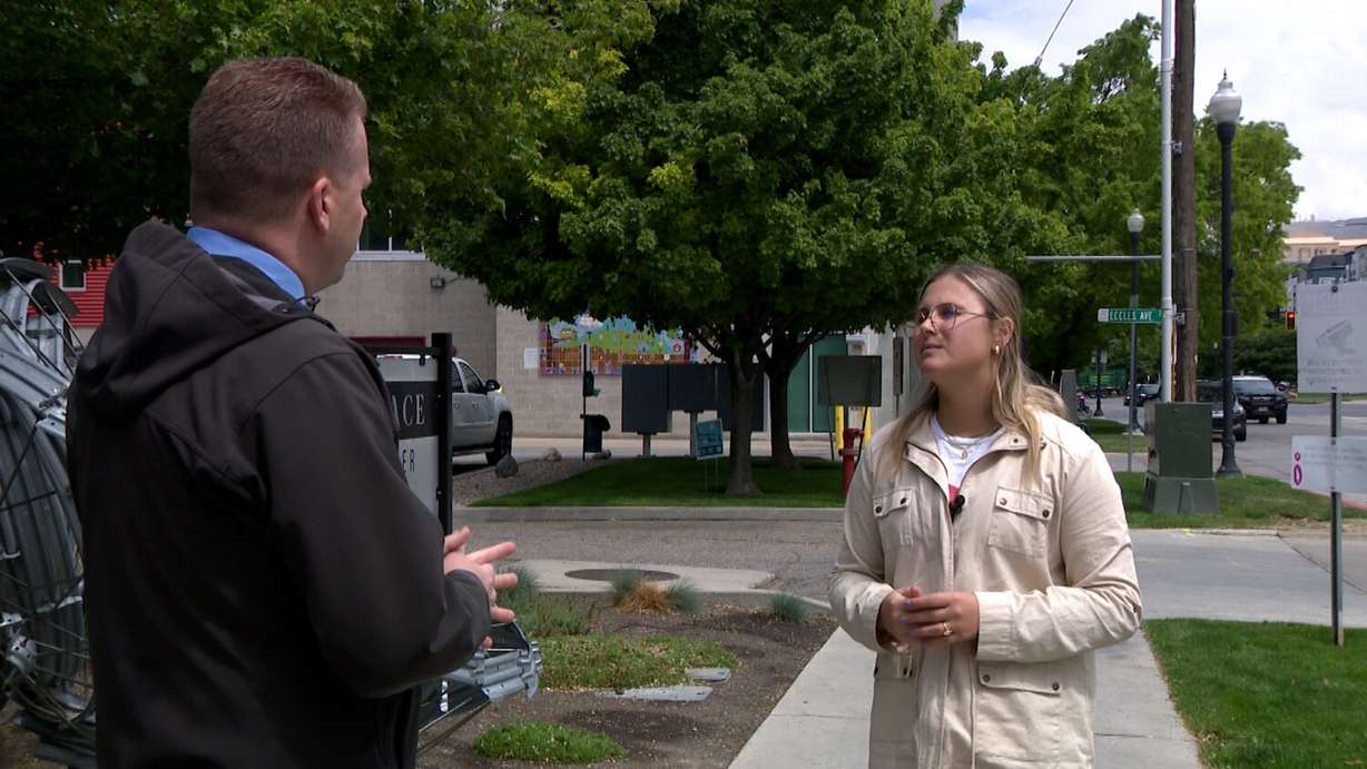 Zoë Newmann speaks with KSL-TV reporter Daniel Woodruff on Monday.