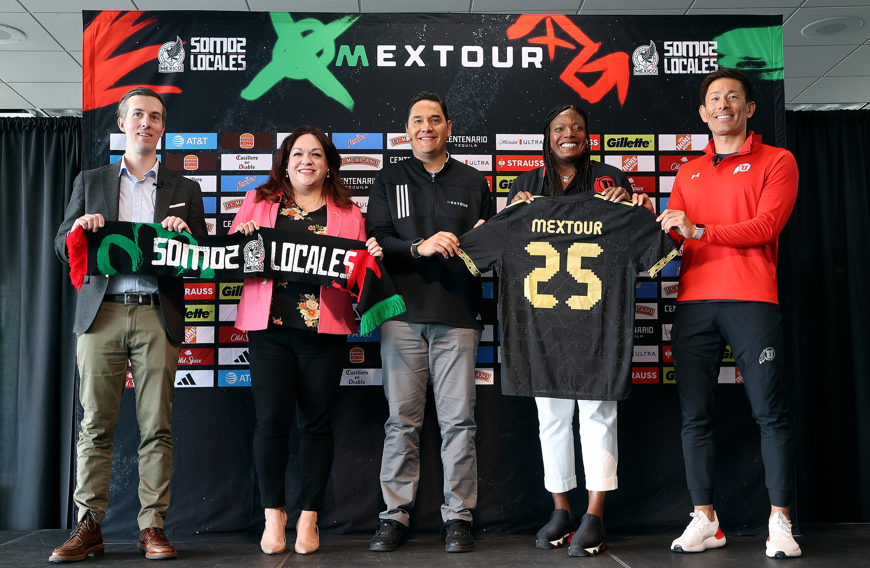 Ryan Mack, Visit Salt Lake vice president of communications; Utah Sen. Luz Escamilla; Moises Munoz, retired Mexican goalkeeper; Charmelle Green, University of Utah deputy athletics director; and Hideki Nakada, University of Utah women’s soccer head coach, pose for a photo during a press conference about the MexTour at the Rice-Eccles Stadium in Salt Lake City on Monday. Switzerland will play Mexico in a MexTour match at the Rice-Eccles Stadium on June 7.