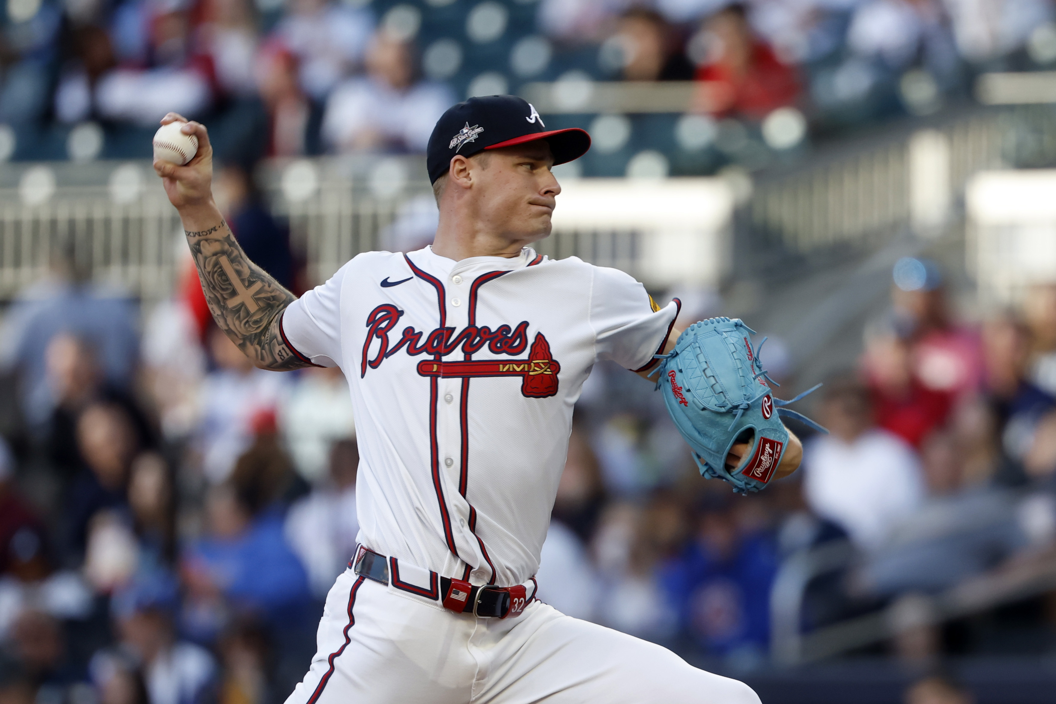 Atlanta Braves pitcher AJ Smith-Shawver throws during the first inning of a baseball game against the Cincinnati Reds, Monday, May 5, 2025, in Atlanta.