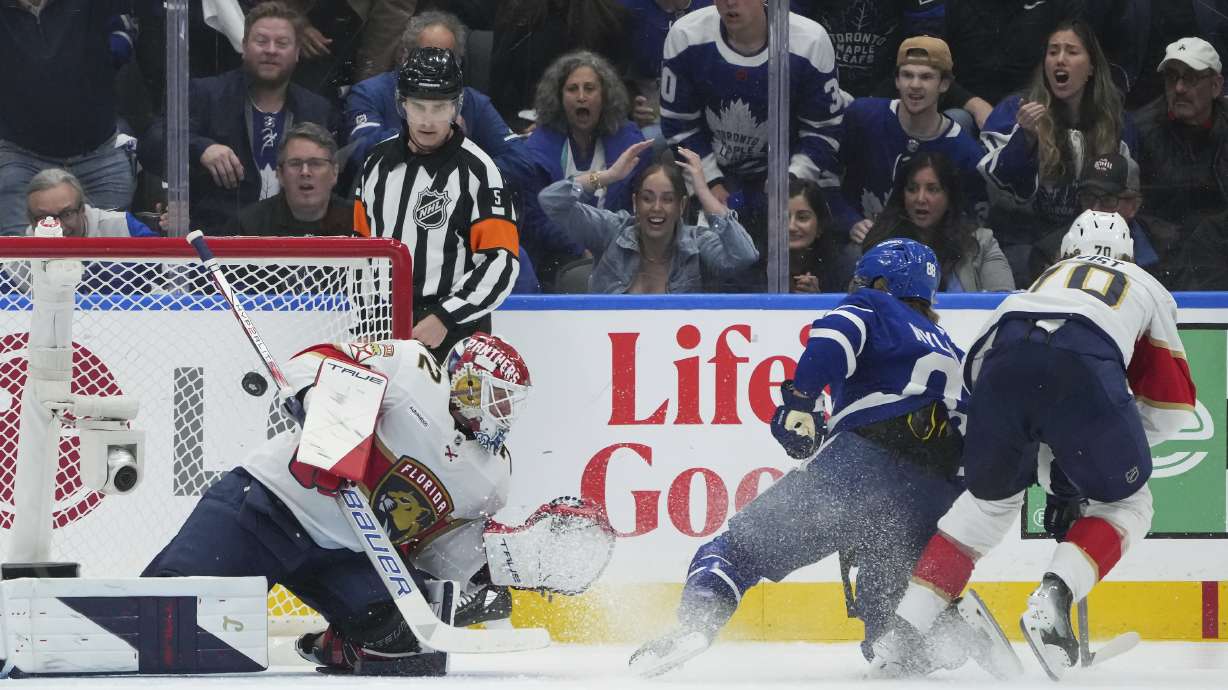 Toronto Maple Leafs forward William Nylander (88) scores on Florida Panthers goaltender Sergei Bobrovsky (72) during the first period of Game 1 in an NHL hockey second-round playoff series in Toronto, Monday, May 5, 2025.