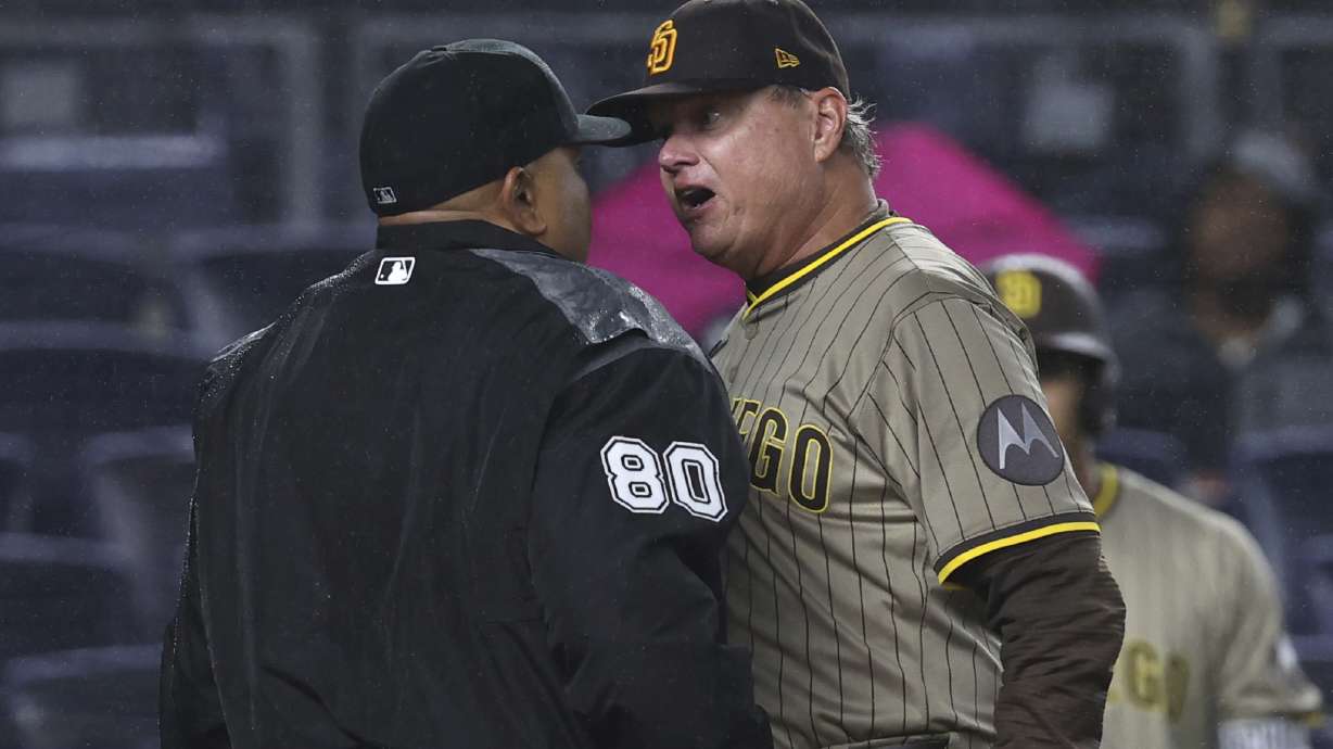 San Diego Padres manager Mike Shildt, right, argues with umpire Adrian Johnson, left, during the eighth inning of a baseball game against the New York Yankees, Monday, May 5, 2025, in New York.