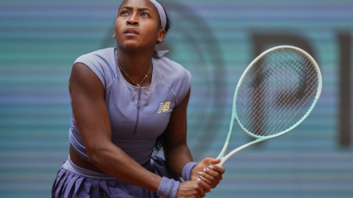 United States' Coco Gauff competes against Mirra Andreeva of Russia at the Madrid Open quarter-final tennis match in Madrid, Spain, Wednesday, April 30, 2025.