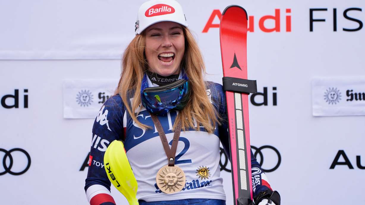 FILE - United States' Mikaela Shiffrin reacts on the podium after winning the women's slalom at the World Cup Finals, Thursday, March 27, 2025, in Sun Valley, Idaho.