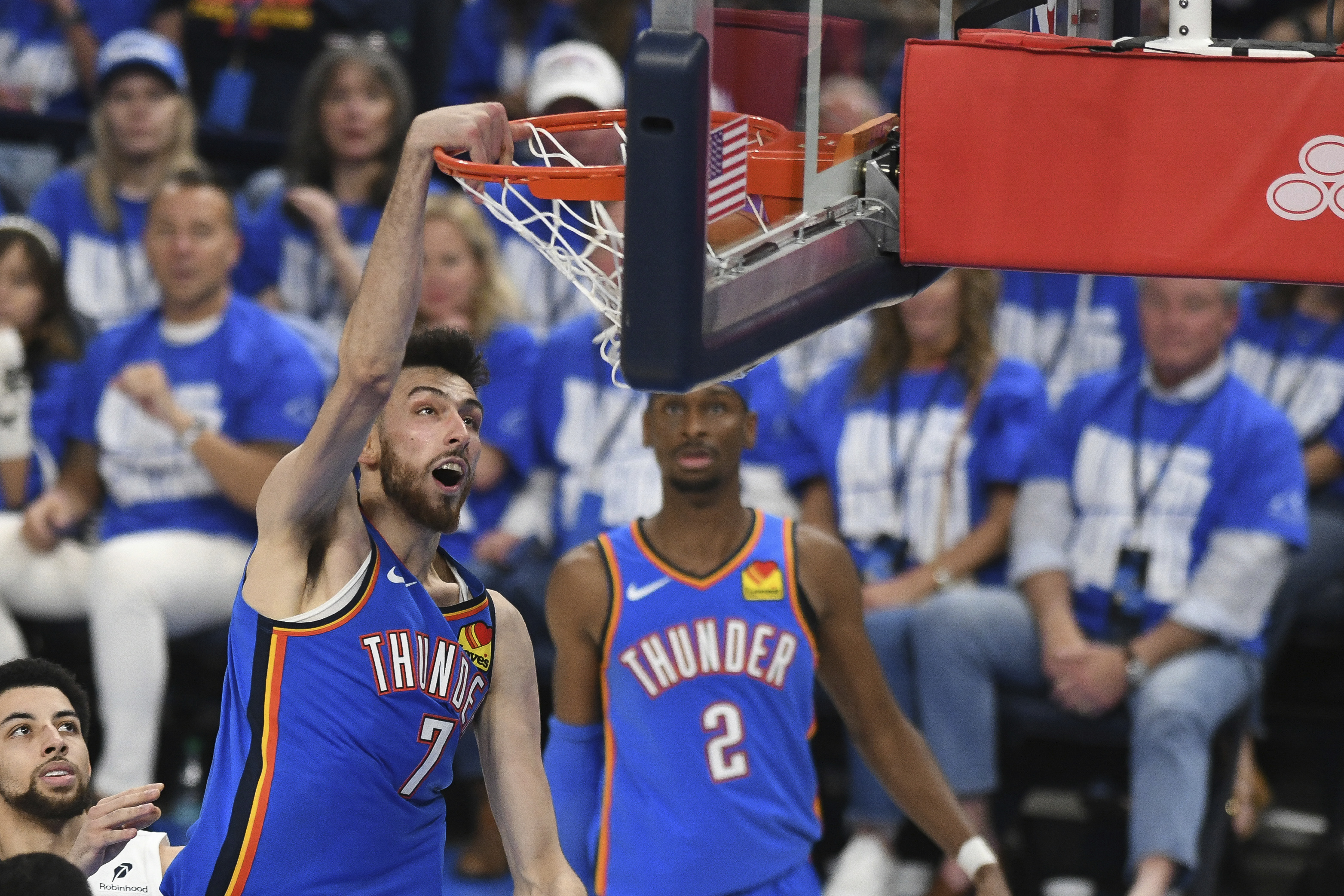 Oklahoma City Thunder forward Chet Holmgren dunks during the second half in Game 1 of an NBA first-round playoff series against the Memphis Grizzlies, Tuesday, April 22, 2025, in Oklahoma City.