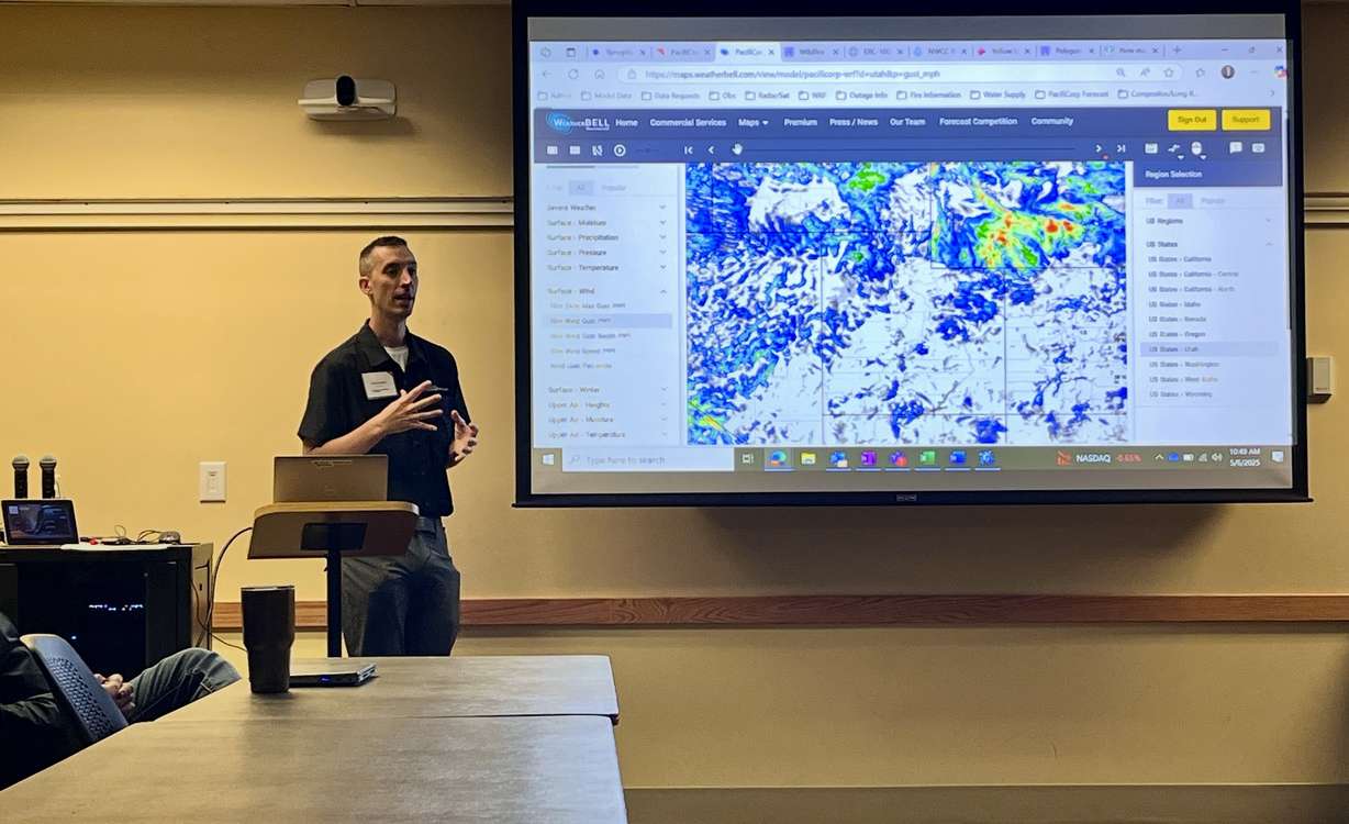 Scott Jensen, senior meteorologist for Rocky Mountain Power, shows how the power utility company projects weather to prepare for potential impacts during a presentation at the company's Salt Lake City headquarters on Tuesday.