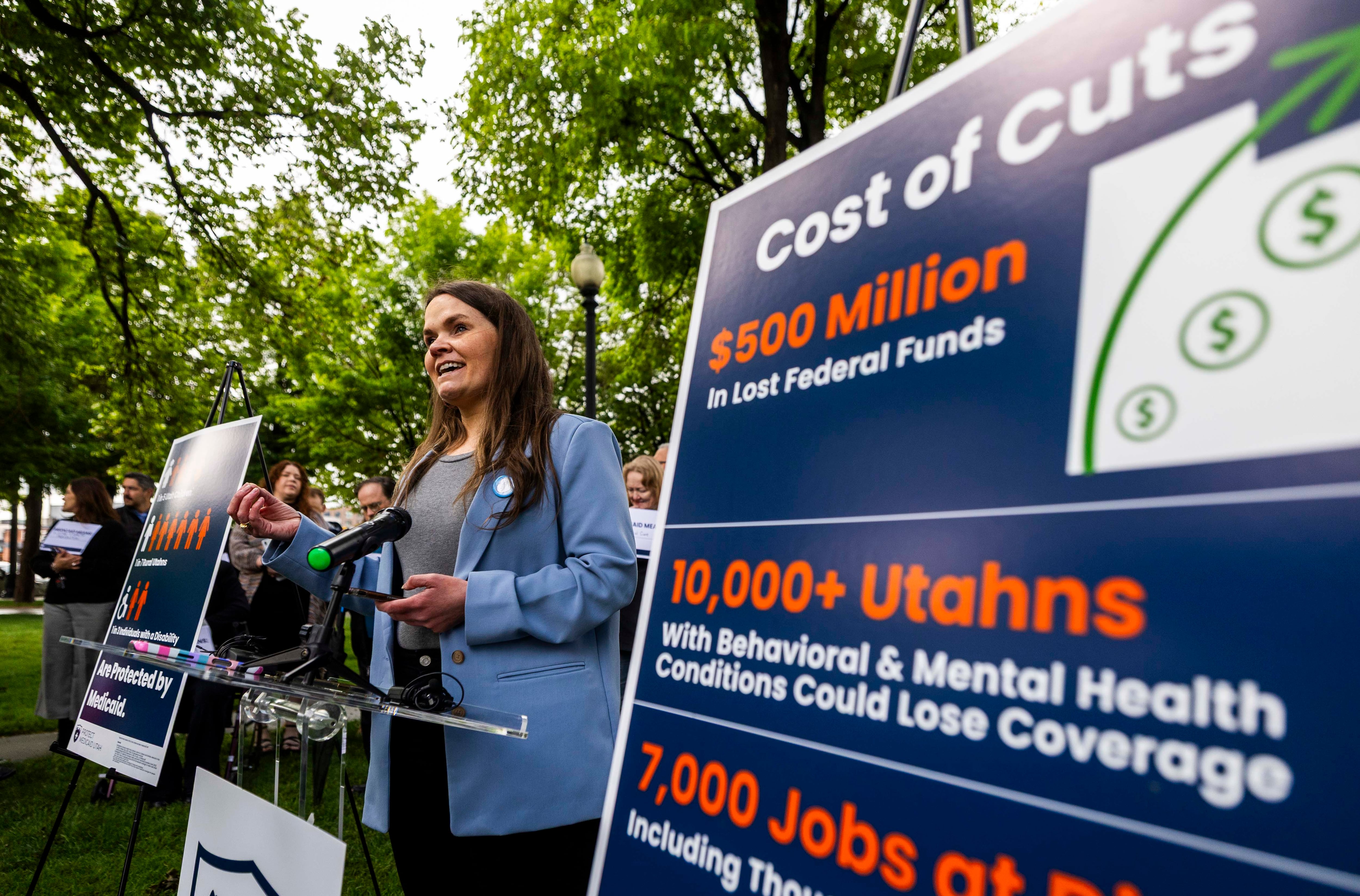 Stephanie Burdick at a Protect Medicaid Utah event highlighting the impact of potential cuts to Medicaid, in Salt Lake City on May 6. Several contested Medicaid proposals were stripped from President Donald Trump's spending bill Thursday.