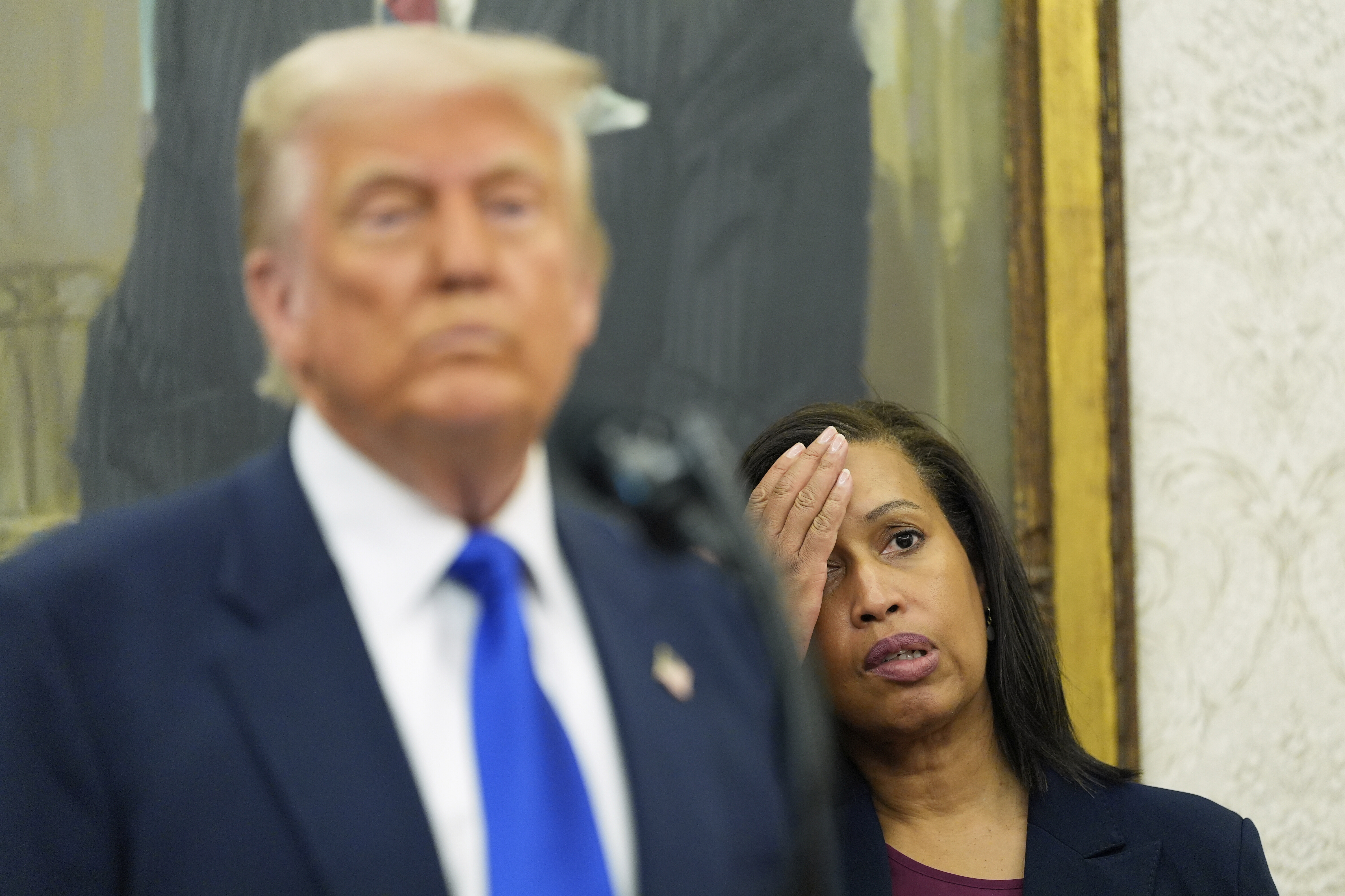 District of Columbia Mayor Muriel Bowser listens as President Donald Trump speaks during an event to announce that the 2027 NFL Draft will be held on the National Mall, in the Oval Office of the White House, Monday, May 5, 2025, in Washington.