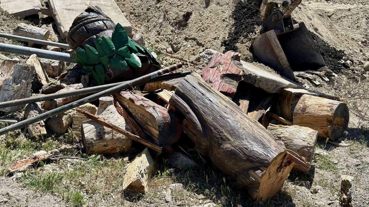 A Tooele County Sheriff's Office official said Tuesday that the office is investigating the destruction of two tikis at the Iosepa cemetery. The photo shows some of the sawed-up pieces.