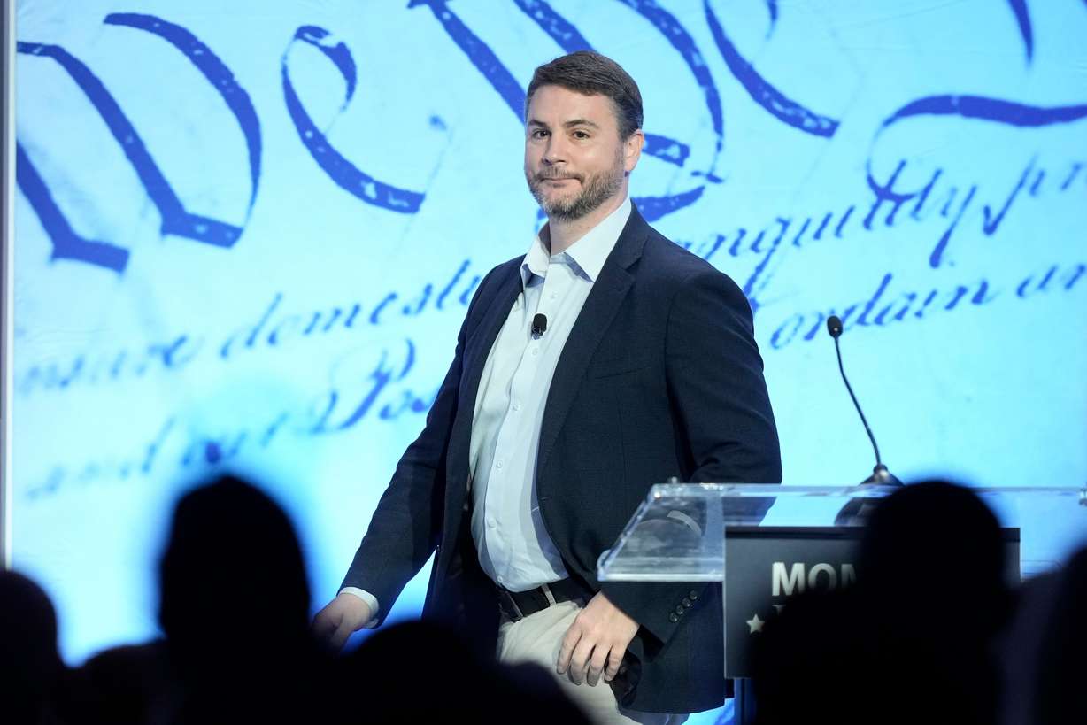 James Lindsay speaks at the Moms for Liberty meeting in Philadelphia, Saturday, July 1, 2023.