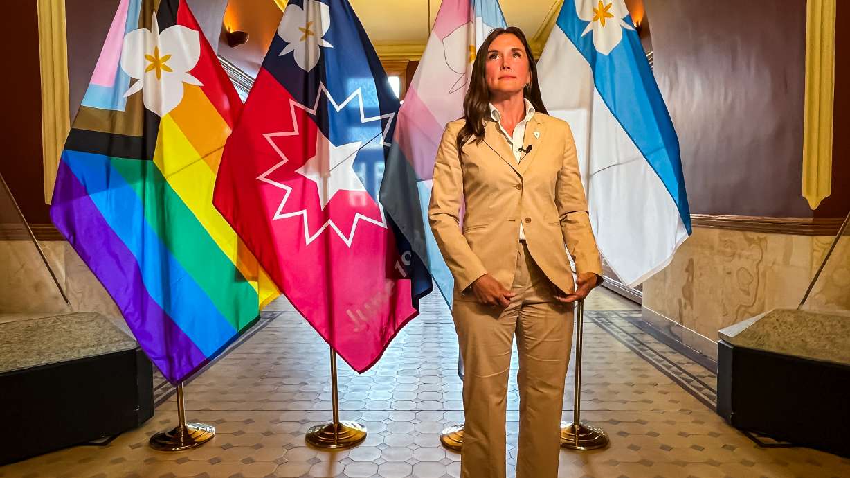 Salt Lake City Mayor Erin Mendenhall at the Salt Lake City-County Building on May 6. Salt Lake City and Farmington police say a man was arrested after making online threats against the mayor following the adoption of new city flags.
