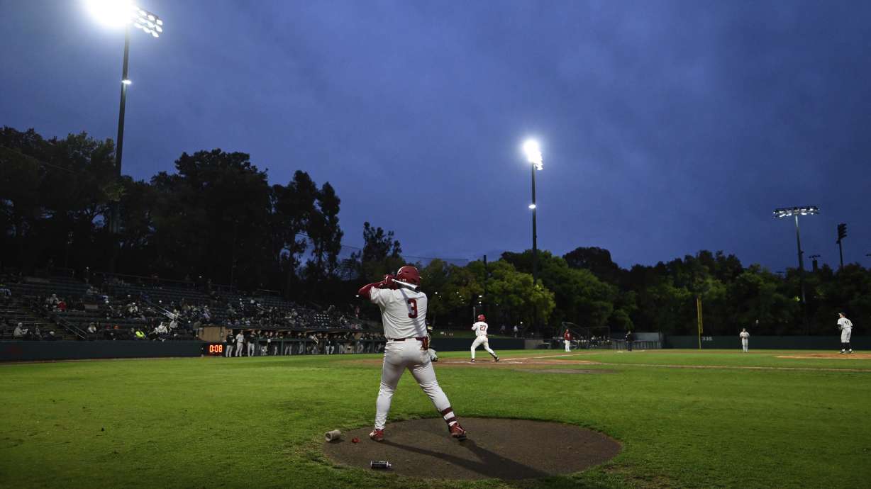 Stanford's Rintaro Sasaki (3) waits to bat against Wake Forest during the fifth inning of an NCAA college baseball game Friday, April 25, 2025, in Stanford, Calif.