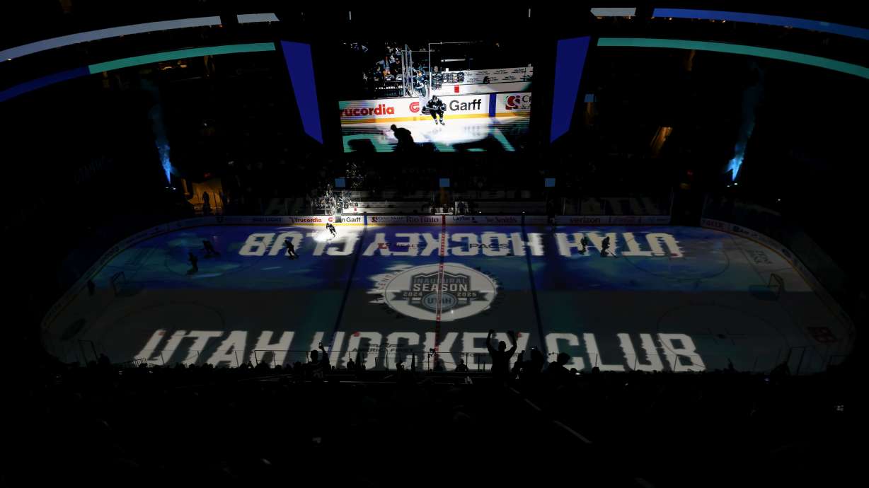 FILE - A general view of players entering the ice before an NHL hockey game between the Toronto Maple Leafs and the Utah Hockey Club, Monday, March 10, 2025, in Salt Lake City.