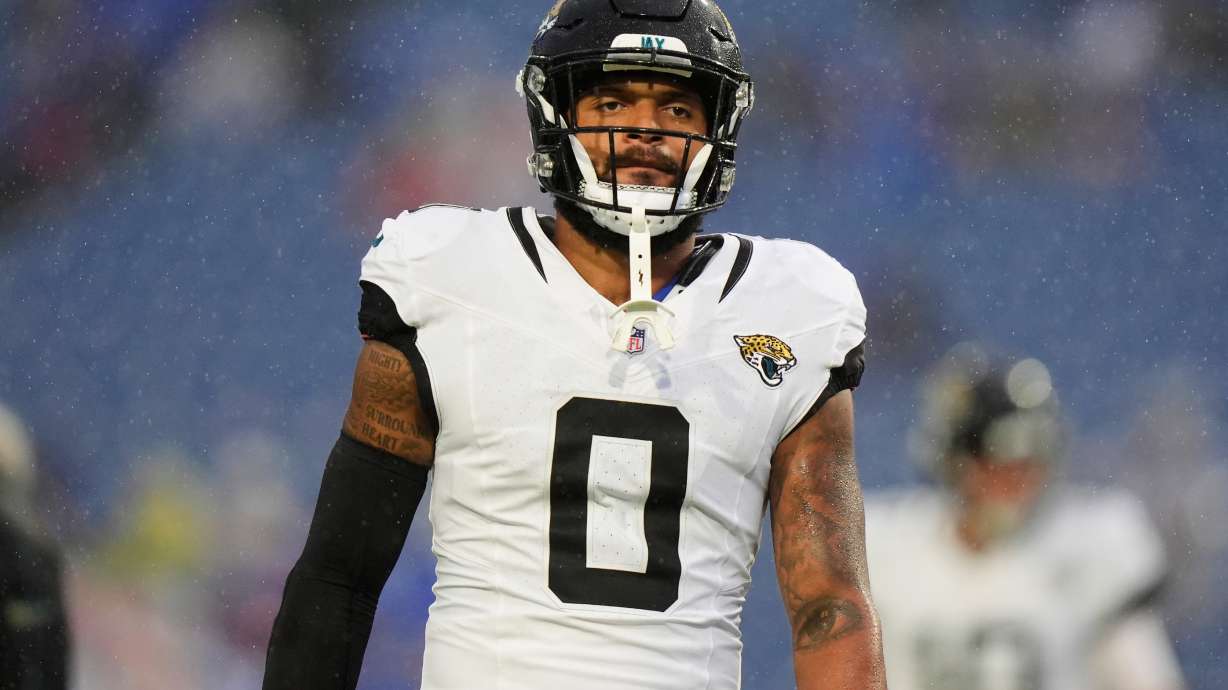 FILE - Jacksonville Jaguars wide receiver Gabe Davis walks on the field before an NFL football game against the Buffalo Bills, Monday, Sept. 23, 2024, in Orchard Park, N.Y. (AP Photo/Steven Senne, File0