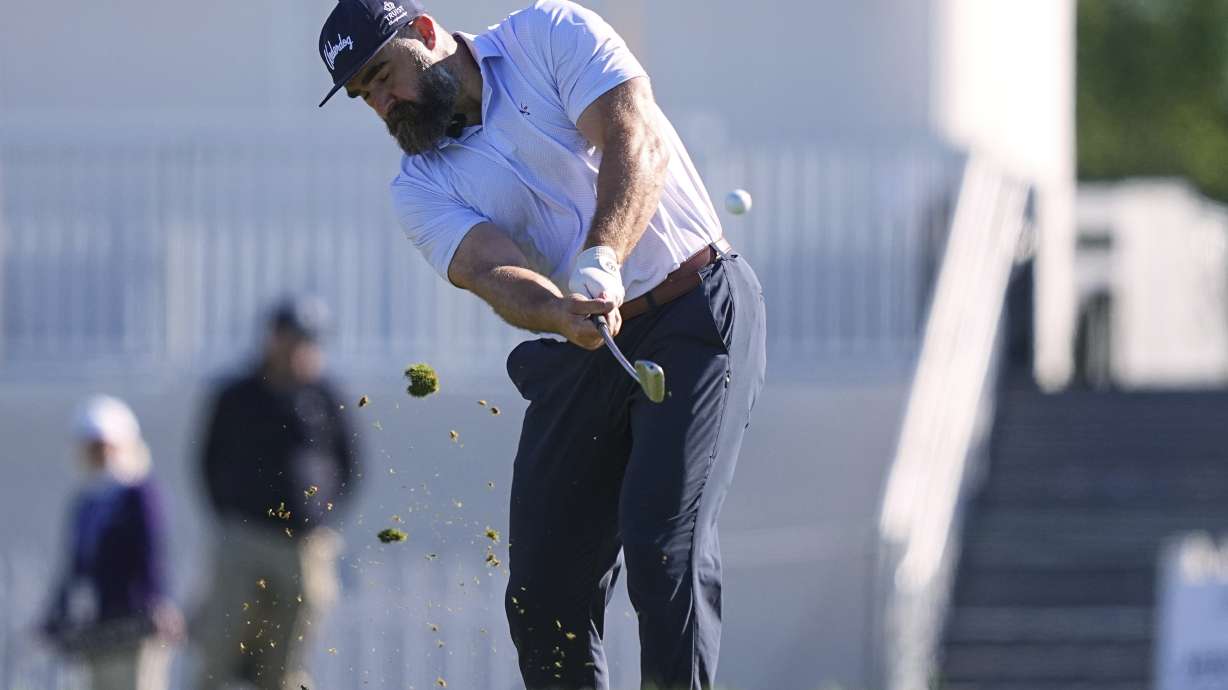 Former Philadelphia Eagles football player Jason Kelce hits on the 16th hole during a pro-am before the Truist Championship golf tournament at the Philadelphia Cricket Club, Wednesday, May 7, 2025, in Flourtown, Pa.
