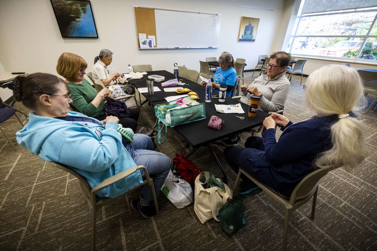 The Wednesday morning fiber arts group works on their projects at the Millcreek Community Center in Millcreek on Wednesday. Salt Lake County is the first community in Utah to be designated an AARP Age-Friendly Community.