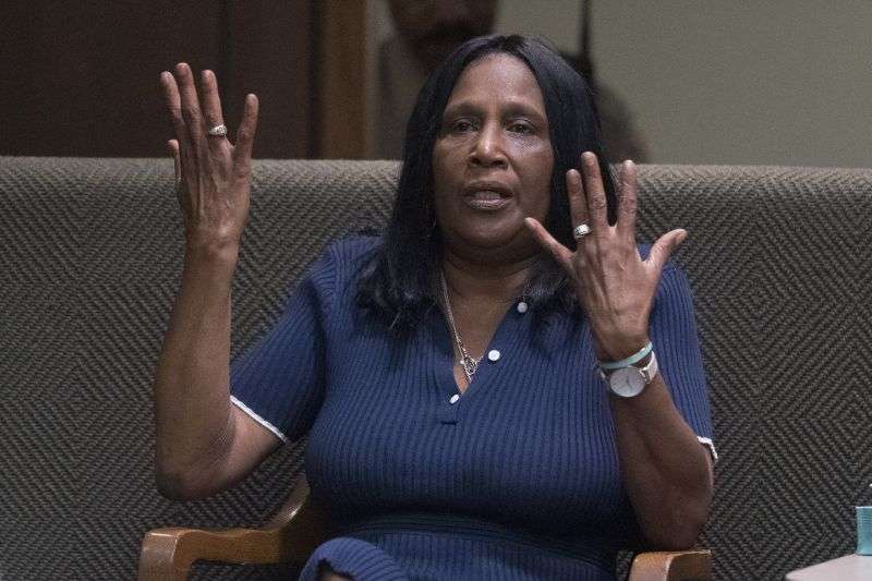RowVaughn Wells, the mother of Tyre Nichols, answers a question while taking the stand as a witness during the first day of the criminal trial for the death of Nichols in Memphis, Tenn., on April 28.