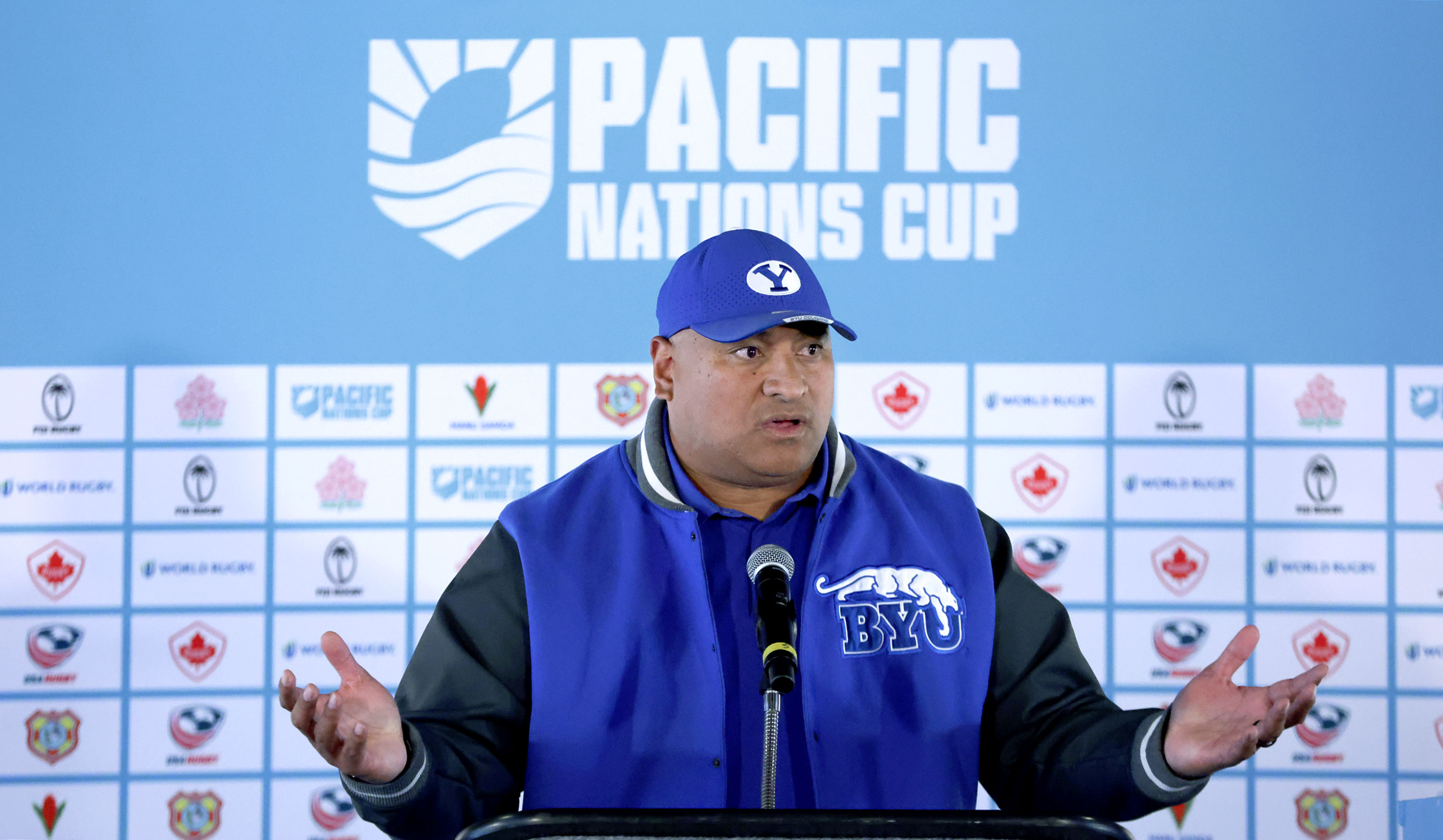 BYU football coach Kalani Sitake speaks at a press conference announcing the Pacific Nations Cup dates and locations at America First Stadium in Sandy on Wednesday, May 7, 2025. The final and bronze medal play-off game will be played at America First Field on Sept. 20.