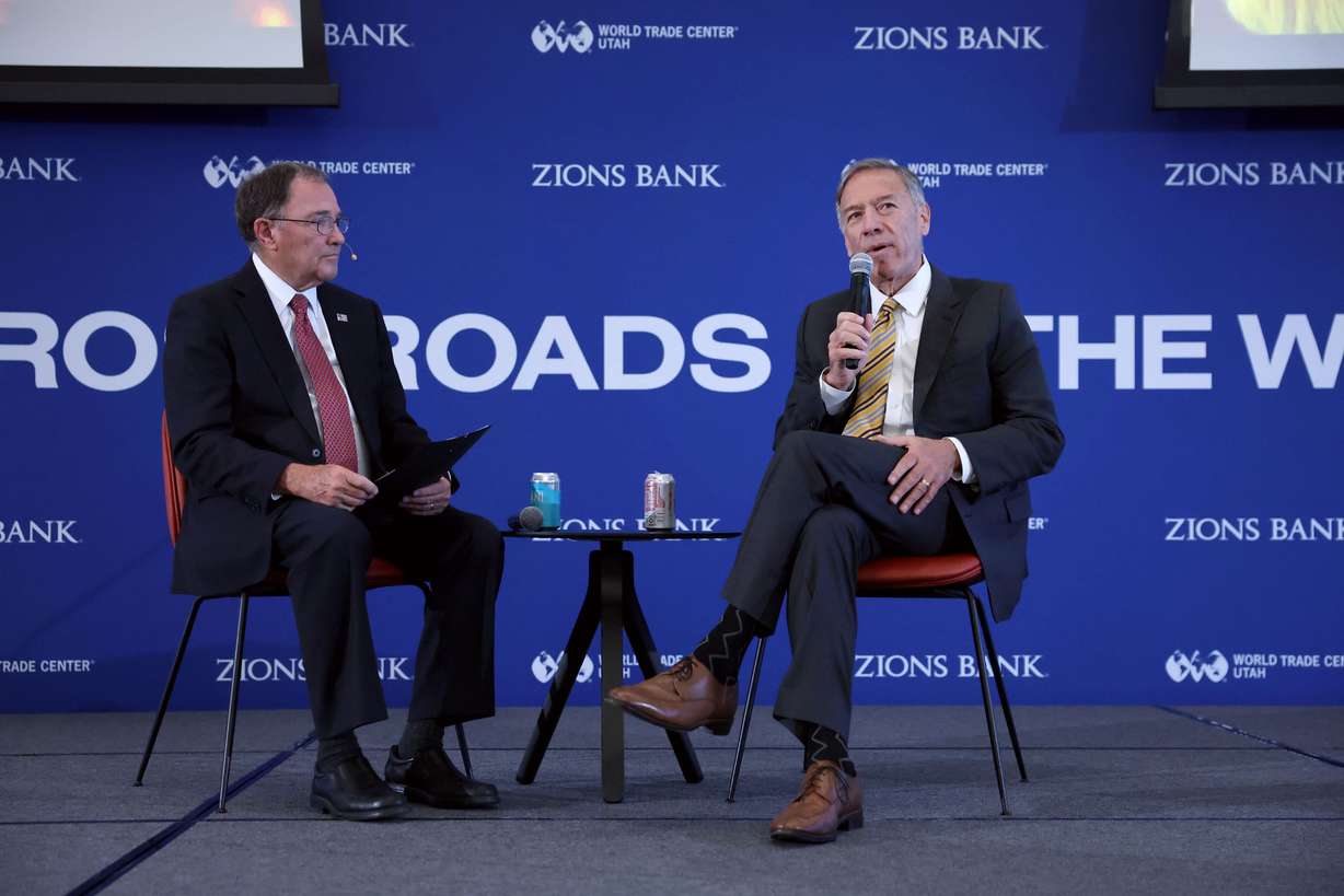 Former Secretary of State Mike Pompeo, right, answers a question posed by former Utah Gov. Gary Herbert, left, at Crossroads of the World International Trade Summit at Zions Bancorporation’s Technology Center in Midvale on Wednesday.
