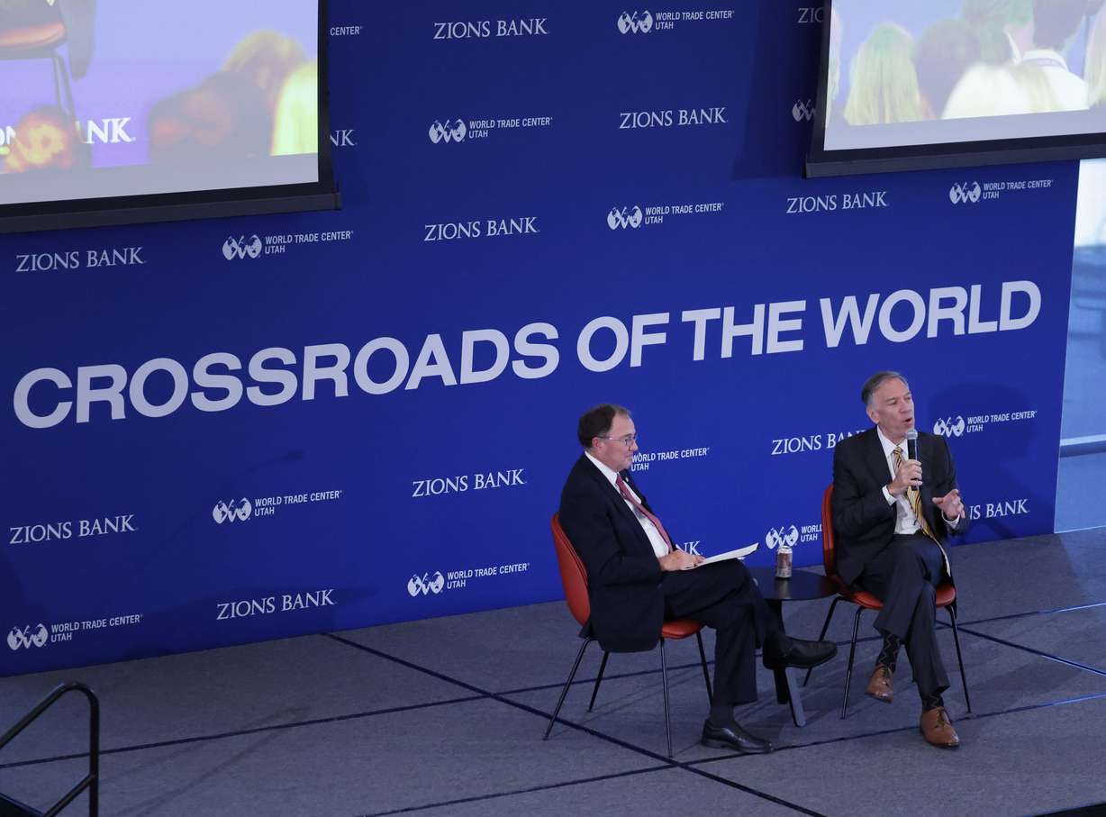 Former Secretary of State Mike Pompeo, right, answers a question posed by former Utah Gov. Gary Herbert, left, at Crossroads of the World International Trade Summit at Zions Bancorporation’s Technology Center in Midvale on Wednesday.