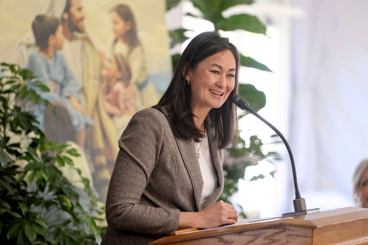 Sister Kristin M. Yee, second counselor in the Relief Society general presidency of The Church of Jesus Christ of Latter-day Saints, speaks during media day for the new Syracuse Utah Temple on Wednesday.
